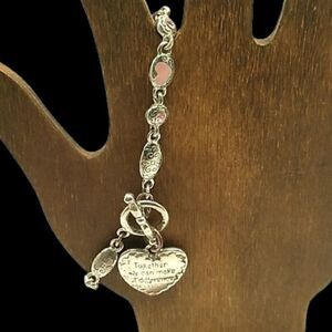 Together We Can Make A Difference Silver-tone Pink Enamel Hearts Crystal Bracele